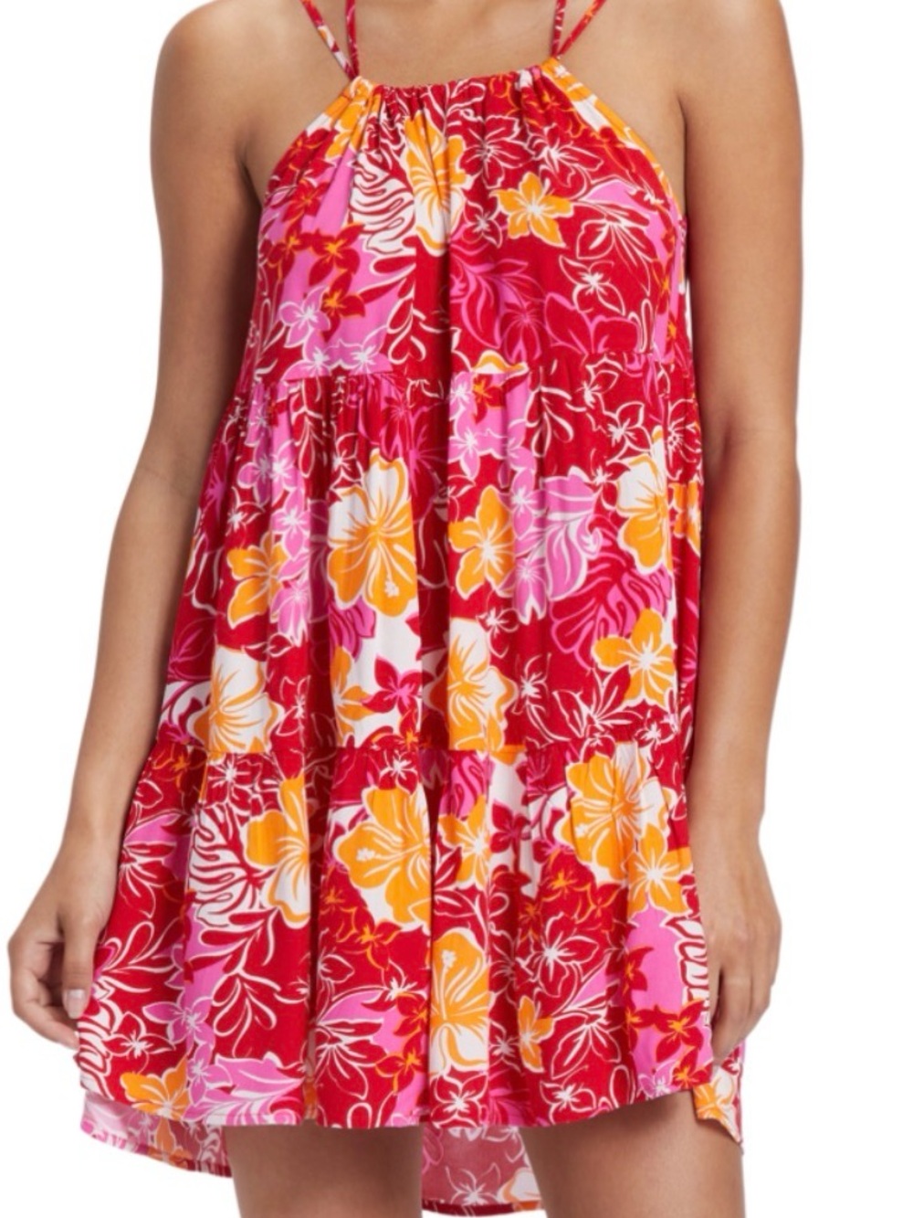 Roxy Tropical Floral Halter Dress - Pink, Orange & Yellow